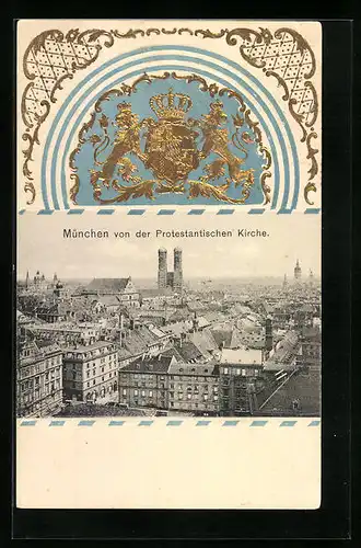Passepartout-Lithographie München, Ortsansicht von der Protestantischen Kirche, Wappen
