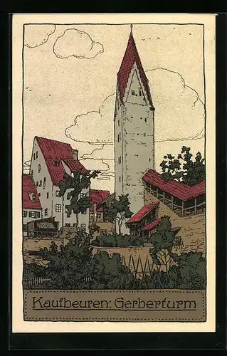 Steindruck-AK Kaufbeuren, Ortspartie am Gerberturm