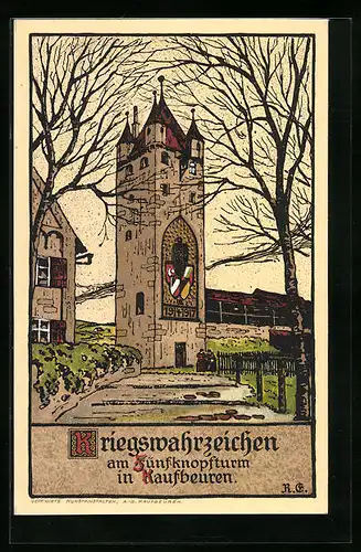 Steindruck-AK Kaufbeuren, Kriegswahrzeichen am Fünfkopfturm