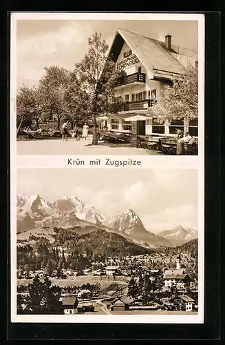 AK Krün a.d. Isar, Gasthof Schönblick, Gesamtansicht mit Zugspitze