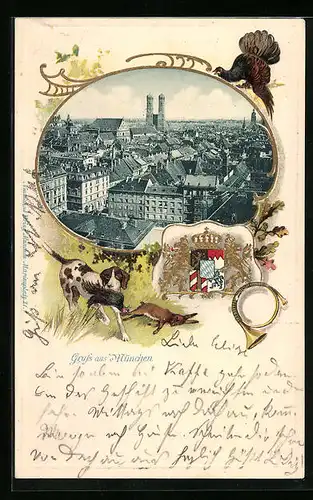 Passepartout-Lithographie München, Ortsansicht aus der Vogelschau, Jagdhund mit Beute und Wappen