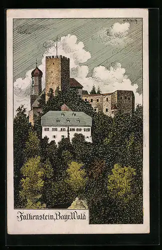 Künstler-AK Eugen Felle: Falkenstein im Bayr. Wald, Burgansicht aus der Ferne
