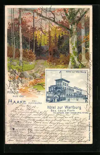 Lithographie Haake b. Harburg, Hotel zur Wartburg, Waldpartie