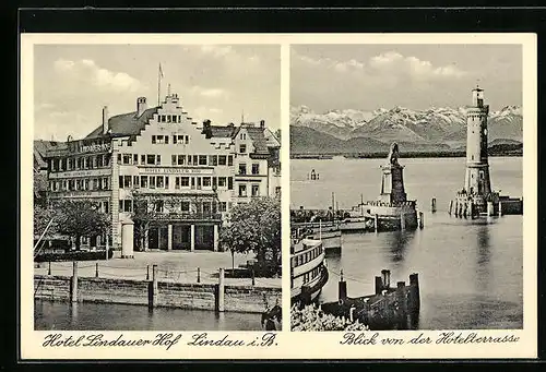 AK Lindau i. B., Hotel Lindauer Hof, Blick auf Einfahrt mit Leuchtturm