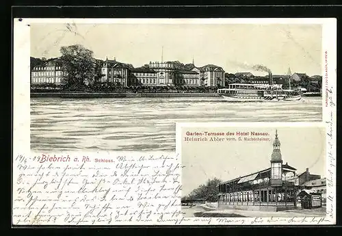 AK Biebrich a. Rh., Garten-Terrasse des Hotel Nassau, Schloss mit Dampfer