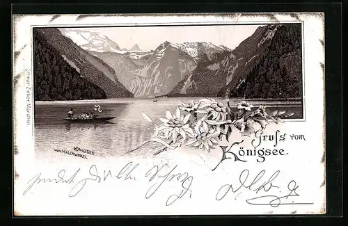 Lithographie Königsee, Teilansicht mit Boot vom Malerwinkel