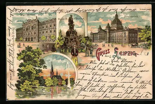 Lithographie Leipzig, Reichsgericht, Konservatorium, Lutherkirche