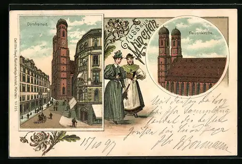 Lithographie München, Frauenkirche, Domfreiheit