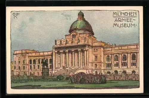 Steindruck-AK München, Ansicht des Armeemuseums