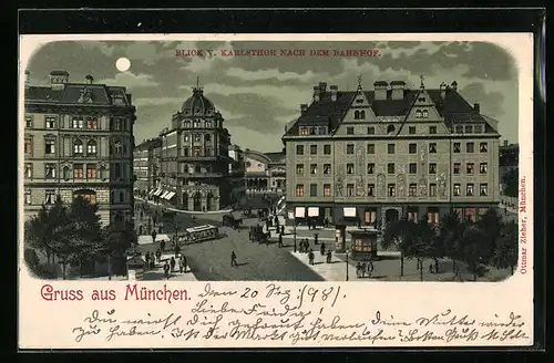 Mondschein-Lithographie München, Blick vom Karlsthor nach dem Bahnhof