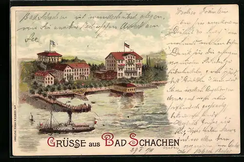 Lithographie Bad Schachen, Ortsansicht mit Uferpartie