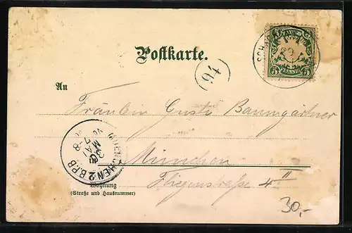 Lithographie Bad Schachen, Ortsansicht mit Uferpartie