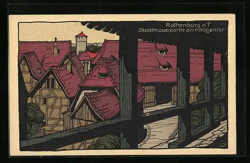 Steindruck-AK Rothenburg o. T., Stadtmauerpartie am Klingentor