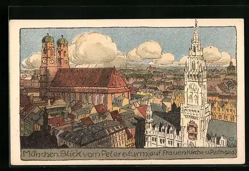 Steindruck-AK München, Blick vom Petersturm auf die Frauenkirche und das Rathaus