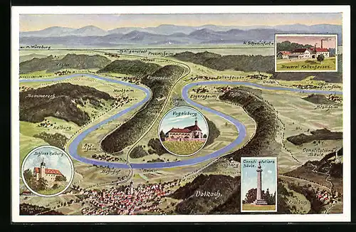 Künstler-AK Eugen Felle: Volkach, Landkarte mit Vogelsburg