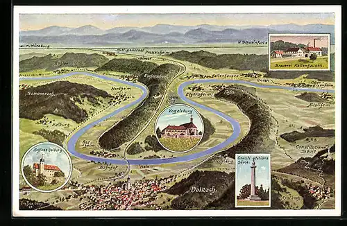 Künstler-AK Eugen Felle: Volkach, Landkarte mit Vogelsburg und Brauerei Kaltenhausen