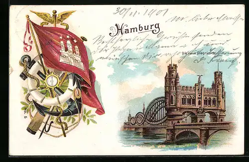 Lithographie Hamburg-Rothenburgsort, Die neue Elbbrücke, Wappen mit Schiffsanker