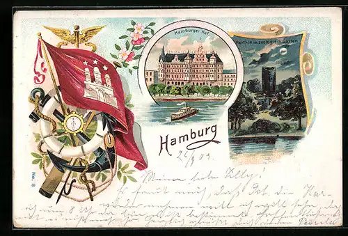 Lithographie Hamburg-Neustadt, Hotel Hamburger Hof, Zoo im Mondschein, Wappen mit Rettungsring