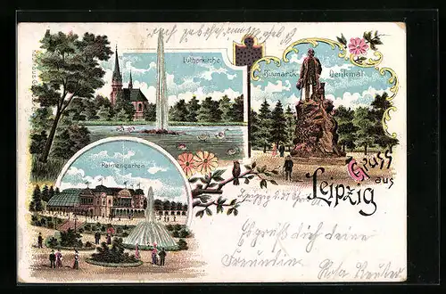 Lithographie Leipzig, Lutherkirche, Palmengarten, Bismarck-Denkmal