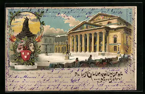 Lithographie München, Königliches Hof- und Nationaltheater, Denkmal