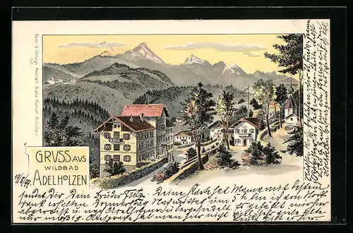 Lithographie Adelholzen, Ortsansicht aus der Vogelschau