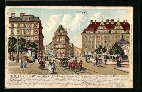 Lithographie München, Karlsplatz mit Kutsche und Strassenbahn