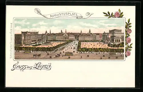 Lithographie Leipzig, Augustusplatz aus der Vogelschau