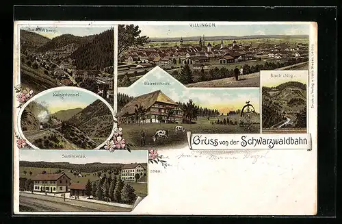 Lithographie Villingen, Ortsansicht, Triberg, Sommerau, Kaisertunnel
