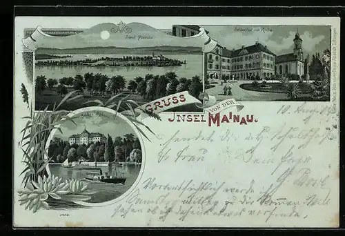 Mondschein-Lithographie Insel Mainau, Schlosshof mit Kirche, Panorama, Dampfer