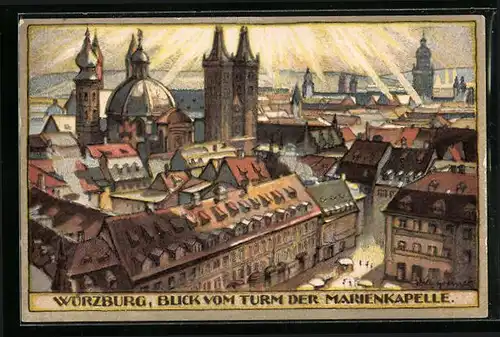 Steindruck-AK Würzburg, Blick vom Turm der Marienkapelle