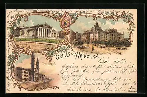 Lithographie München, Justiz-Palast, Glyptothek, Ludwigskirche
