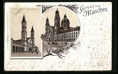 Lithographie München, Theatinerkirche und Ludwigskirche, Private Stadtpost