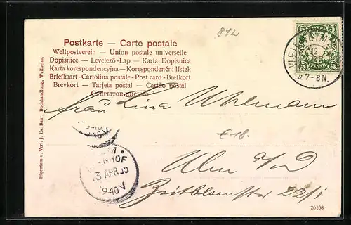 AK Weilheim, Hauptplatz mit Geschäften und Brunnen