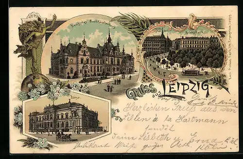 Lithographie Leipzig, Deutsches Buchhändlerhaus, Reichsbank, Börse