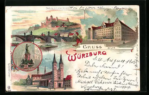 Lithographie Würzburg, Festung mit alter Brücke, Dom, Luitpoldbrunnen