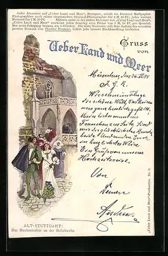 AK Alt-Stuttgart, Das Hochzeitstor an der Stiftskirche mit Brautpaar