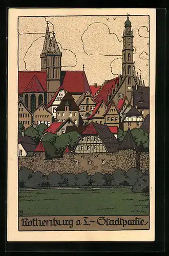 Steindruck-AK Rothenburg o. T., Stadtpartie mit Kirche und Stadtmauer