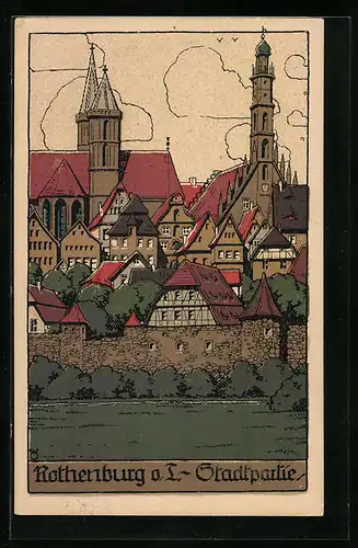 Steindruck-AK Rothenburg o. T., Stadtpartie mit Stadtmauer