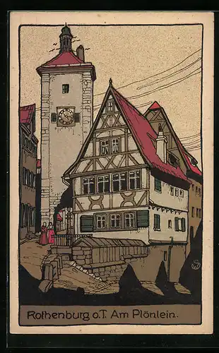 Steindruck-AK Rothenburg o. T., Am Plönlein mit Turm