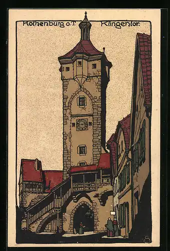 Steindruck-AK Rothenburg o. T., Klingentor mit Passanten