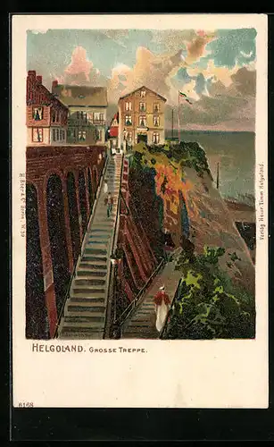 AK Helgoland, Grosse Treppe mit Passanten und Meerblick
