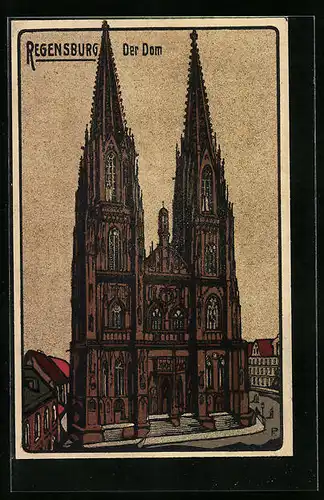 Steindruck-AK Regensburg, Der Dom mit Strassenpartie