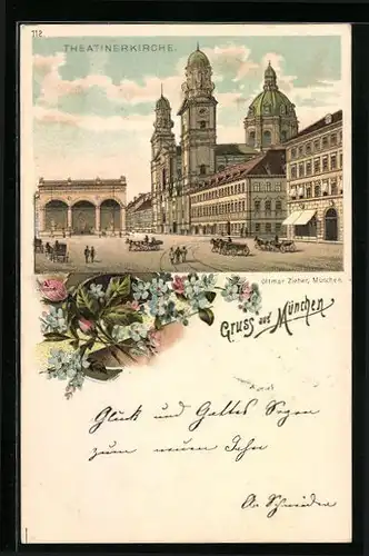 Lithographie München, Theatinerkirche mit Feldherrnhalle und Kutschen