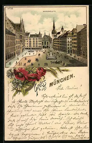 Lithographie München, Marienplatz mit Rathaus und Pferdebahn