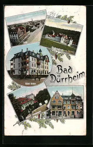 AK Bad Dürrheim, Totalansicht, Kindersolbad, Hotel Kreuz, Haus Bäuerle