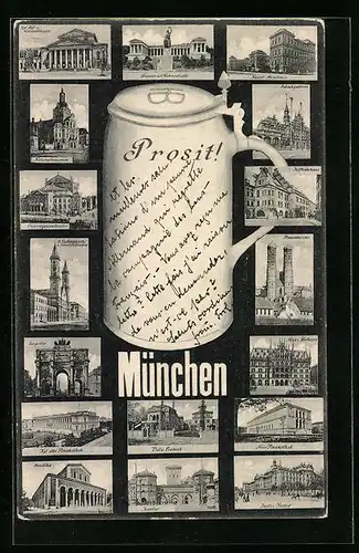 AK München, Grosser Bierkrug mit Ansichten von Frauenkirche, Siegestor, Neue Pinakothek
