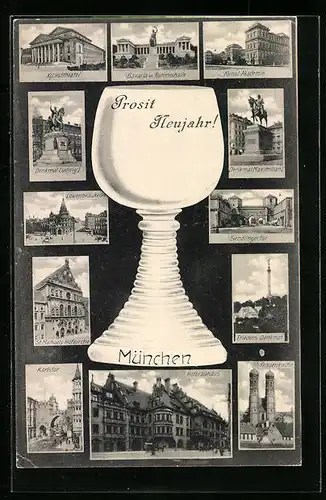 AK München, Weinglas mit Bavaria, Hofbräuhaus, Karlstor
