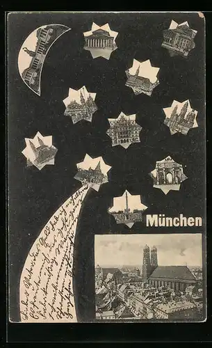 AK München, Frauenkirche und andere Ansichten als Mond und Sterne