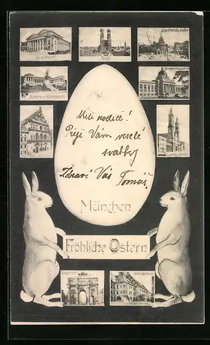 AK München, Osterei und Osterhasen mit verschiedenen Stadtansichten