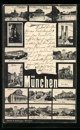 AK München, Frauenkirche, Karlstor, Isartor, Karlsplatz gegen den Bahnhof
